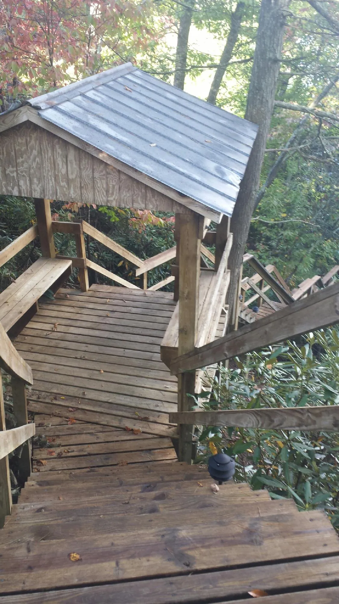 Metal roofed shelter over wooden steps on a wooded walkway — Skylight Repair & Installation work by our crew in Bingen